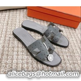 Good Quality Hermes Classic Flat Slide Sandals in Ostrich Embossed Leather Grey 525161