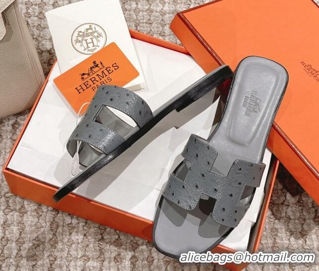 Good Quality Hermes Classic Flat Slide Sandals in Ostrich Embossed Leather Grey 525161