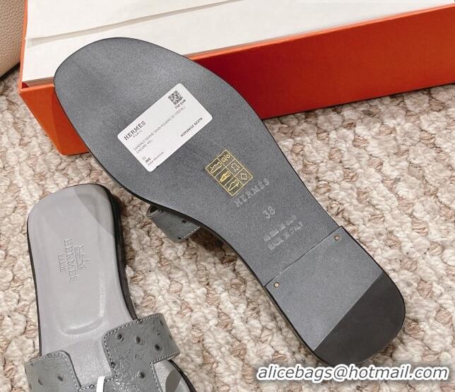 Good Quality Hermes Classic Flat Slide Sandals in Ostrich Embossed Leather Grey 525161