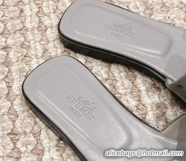 Good Quality Hermes Classic Flat Slide Sandals in Ostrich Embossed Leather Grey 525161