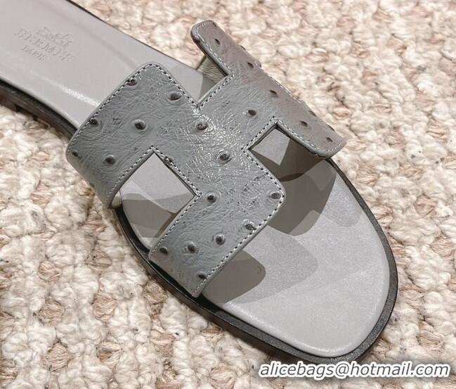 Good Quality Hermes Classic Flat Slide Sandals in Ostrich Embossed Leather Grey 525161