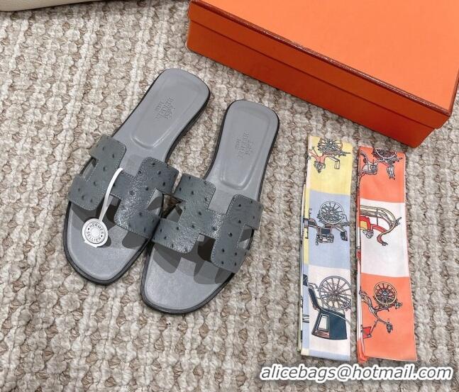 Good Quality Hermes Classic Flat Slide Sandals in Ostrich Embossed Leather Grey 525161