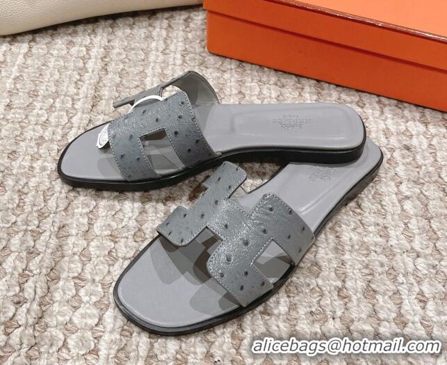 Good Quality Hermes Classic Flat Slide Sandals in Ostrich Embossed Leather Grey 525161