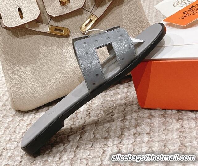 Good Quality Hermes Classic Flat Slide Sandals in Ostrich Embossed Leather Grey 525161