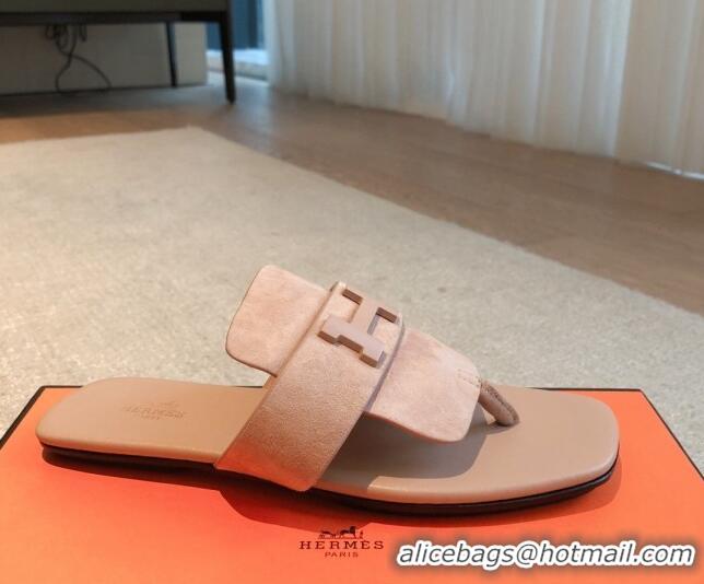 Good Product Hermes Galerie Flat Thong Slide Sandals in Suede Nude 525162