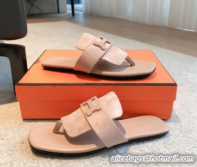 Good Product Hermes Galerie Flat Thong Slide Sandals in Suede Nude 525162