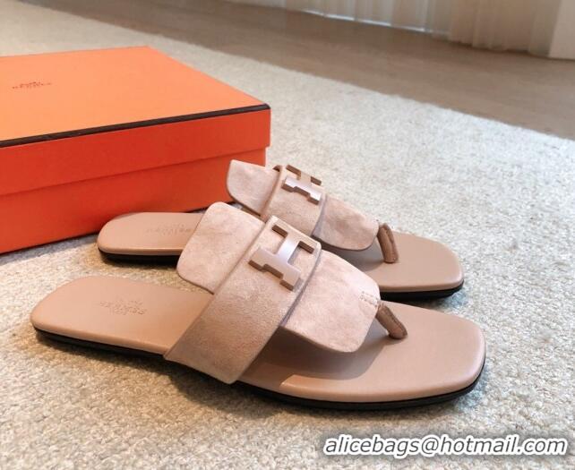 Good Product Hermes Galerie Flat Thong Slide Sandals in Suede Nude 525162