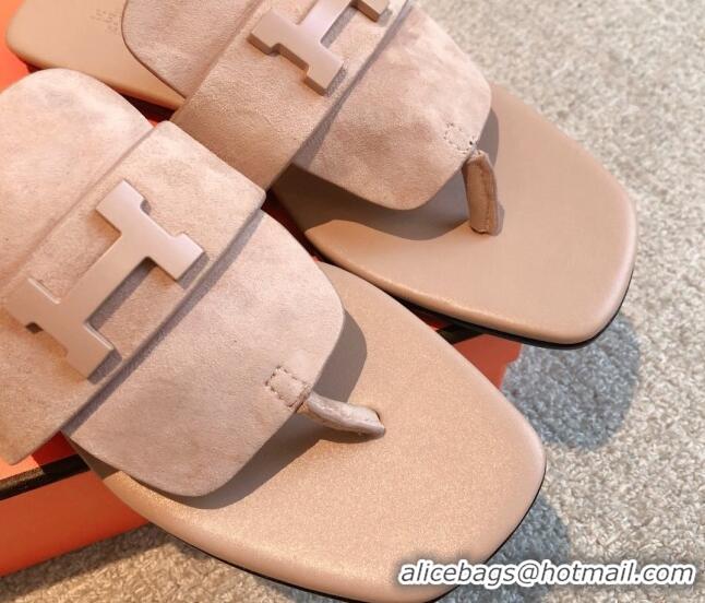 Good Product Hermes Galerie Flat Thong Slide Sandals in Suede Nude 525162