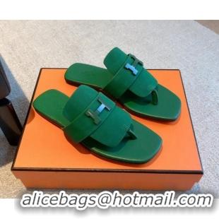 Purchase Hermes Galerie Flat Thong Slide Sandals All Green Suede 525163