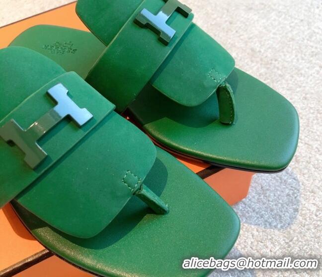 Purchase Hermes Galerie Flat Thong Slide Sandals All Green Suede 525163