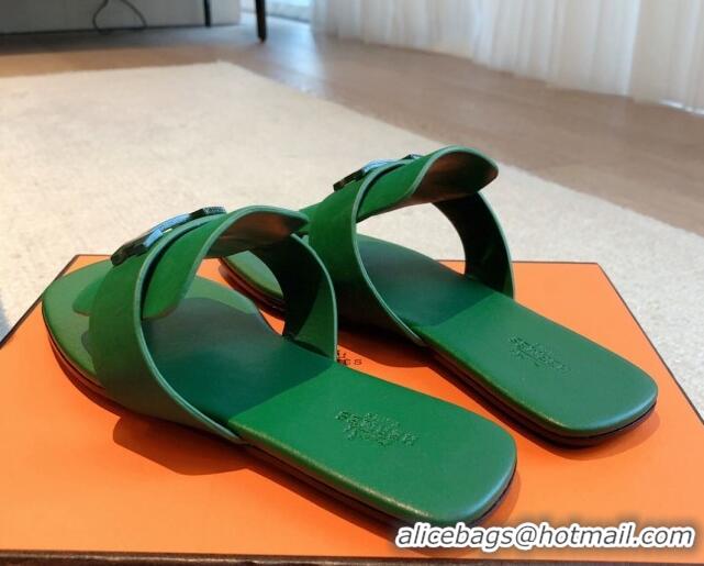 Purchase Hermes Galerie Flat Thong Slide Sandals All Green Suede 525163