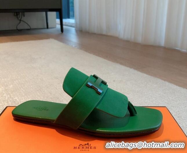 Purchase Hermes Galerie Flat Thong Slide Sandals All Green Suede 525163