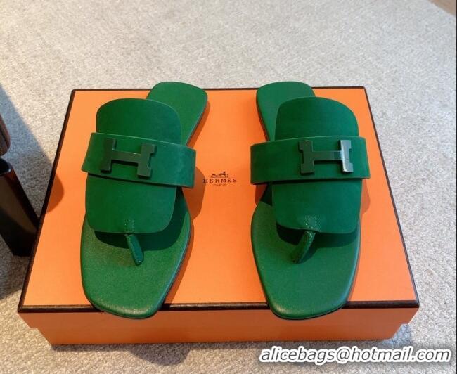 Purchase Hermes Galerie Flat Thong Slide Sandals All Green Suede 525163