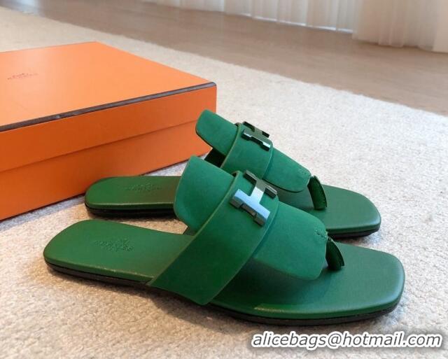 Purchase Hermes Galerie Flat Thong Slide Sandals All Green Suede 525163