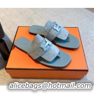 Hermes Galerie Flat Thong Slide Sandals in Suede Light Grey 525164 