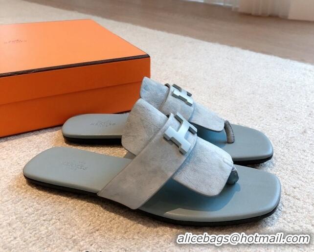 Hermes Galerie Flat Thong Slide Sandals in Suede Light Grey 525164 