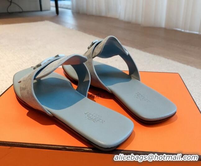 Hermes Galerie Flat Thong Slide Sandals in Suede Light Grey 525164 