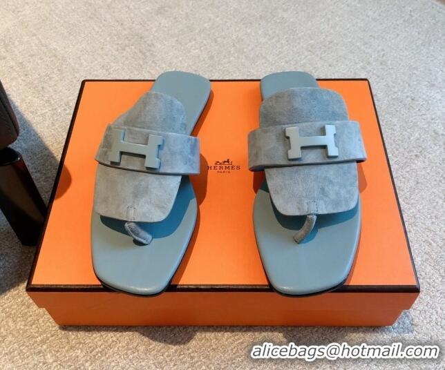 Hermes Galerie Flat Thong Slide Sandals in Suede Light Grey 525164 