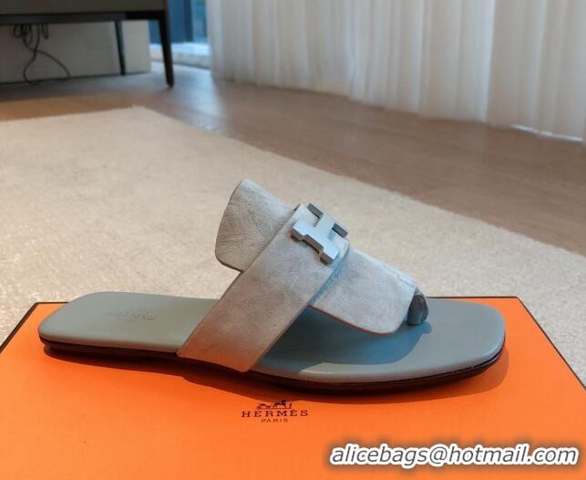 Hermes Galerie Flat Thong Slide Sandals in Suede Light Grey 525164 