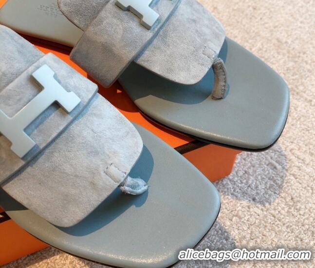 Hermes Galerie Flat Thong Slide Sandals in Suede Light Grey 525164 