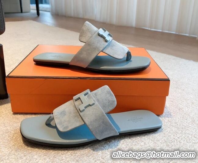 Hermes Galerie Flat Thong Slide Sandals in Suede Light Grey 525164 