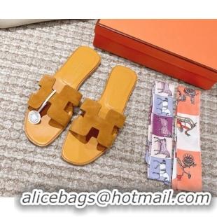 Grade Quality Hermes Classic Oran Suede Flat Slide Sandals Yellow 525165