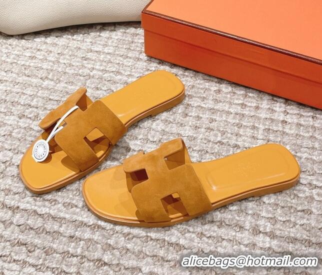 Grade Quality Hermes Classic Oran Suede Flat Slide Sandals Yellow 525165