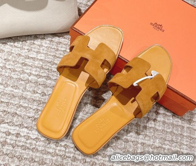 Grade Quality Hermes Classic Oran Suede Flat Slide Sandals Yellow 525165