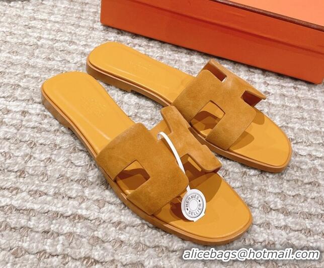 Grade Quality Hermes Classic Oran Suede Flat Slide Sandals Yellow 525165