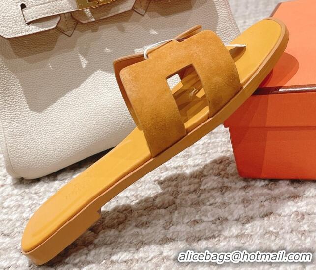 Grade Quality Hermes Classic Oran Suede Flat Slide Sandals Yellow 525165