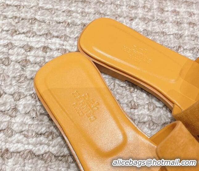 Grade Quality Hermes Classic Oran Suede Flat Slide Sandals Yellow 525165