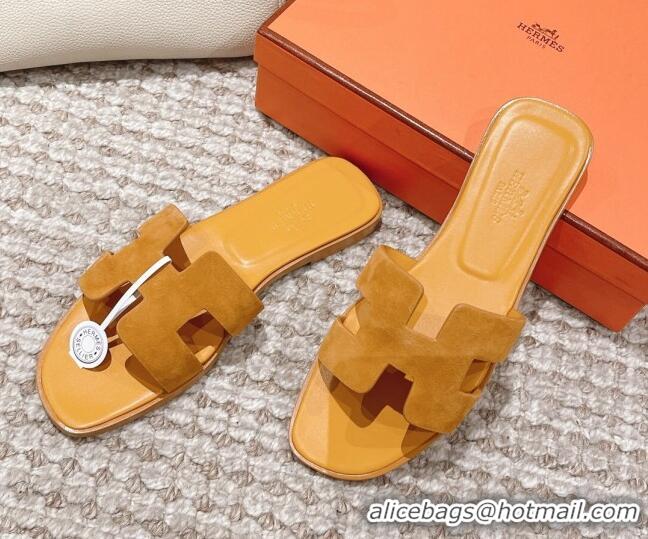 Grade Quality Hermes Classic Oran Suede Flat Slide Sandals Yellow 525165