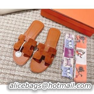 Charming Hermes Classic Oran Suede Flat Slide Sandals Brown 0525167