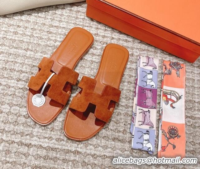 Charming Hermes Classic Oran Suede Flat Slide Sandals Brown 0525167