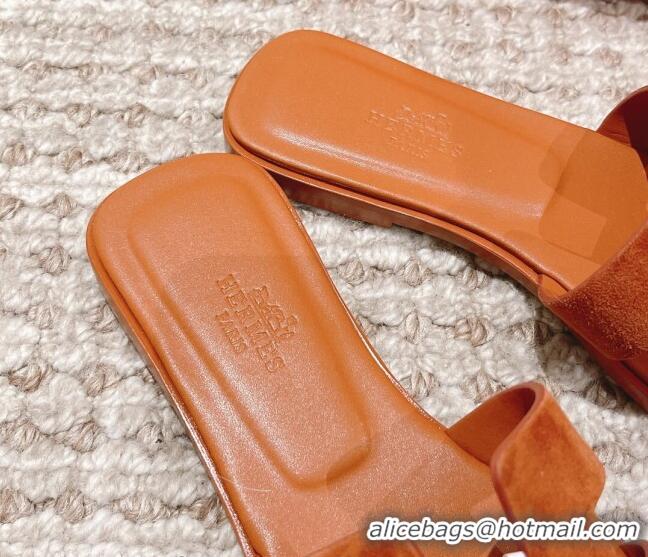 Charming Hermes Classic Oran Suede Flat Slide Sandals Brown 0525167