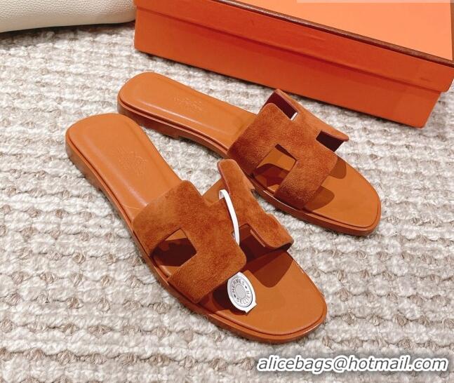 Charming Hermes Classic Oran Suede Flat Slide Sandals Brown 0525167