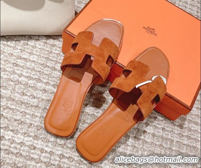 Charming Hermes Classic Oran Suede Flat Slide Sandals Brown 0525167