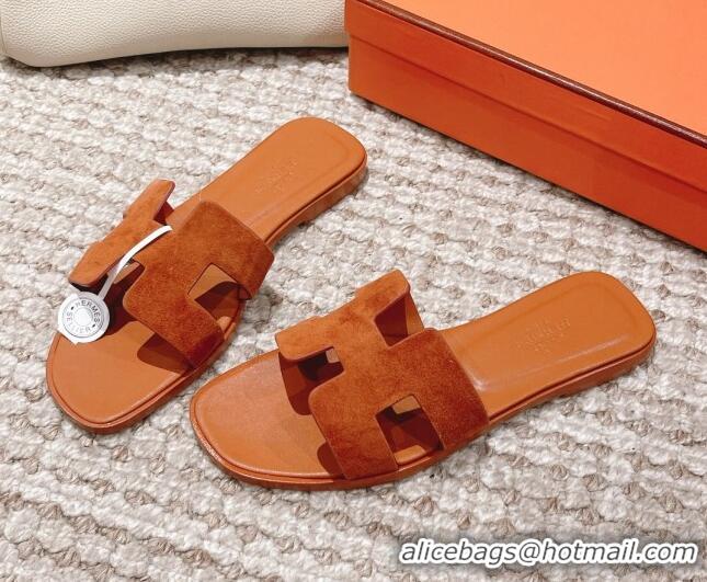 Charming Hermes Classic Oran Suede Flat Slide Sandals Brown 0525167