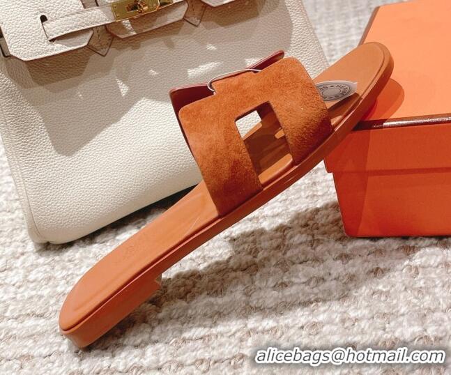 Charming Hermes Classic Oran Suede Flat Slide Sandals Brown 0525167