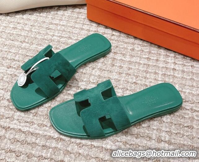 Charming Hermes Classic Oran Suede Flat Slide Sandals  0525167 Green