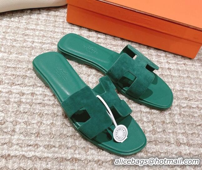 Charming Hermes Classic Oran Suede Flat Slide Sandals  0525167 Green