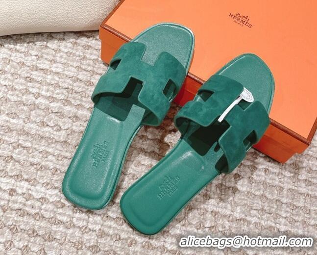 Charming Hermes Classic Oran Suede Flat Slide Sandals  0525167 Green