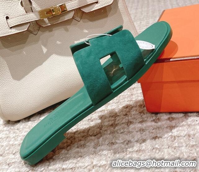 Charming Hermes Classic Oran Suede Flat Slide Sandals  0525167 Green