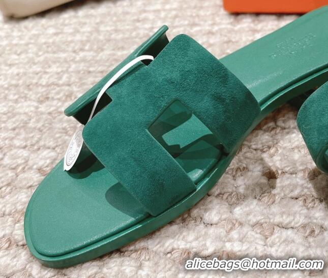 Charming Hermes Classic Oran Suede Flat Slide Sandals  0525167 Green