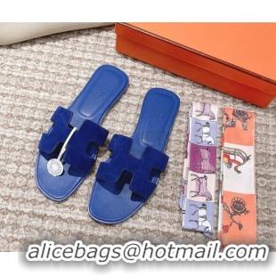 Low Cost Hermes Classic Oran Suede Flat Slide Sandals  0525167 Blue