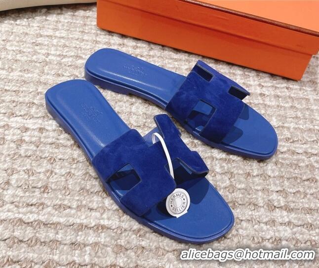 Low Cost Hermes Classic Oran Suede Flat Slide Sandals  0525167 Blue