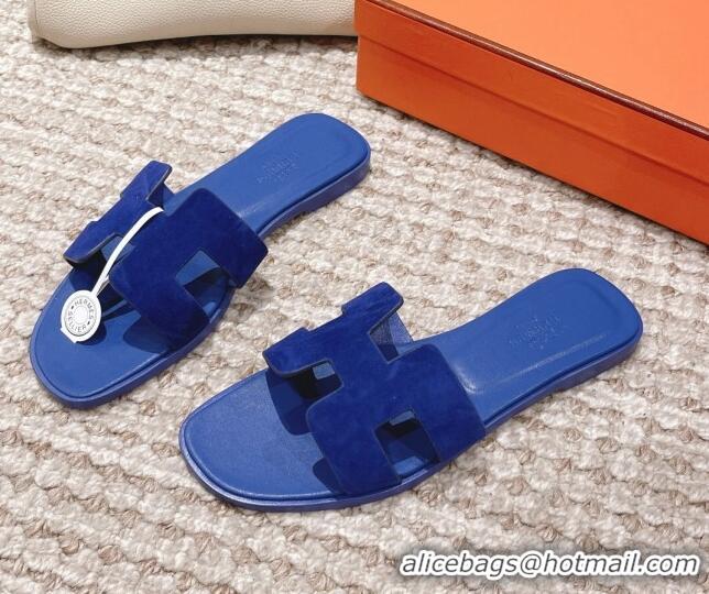 Low Cost Hermes Classic Oran Suede Flat Slide Sandals  0525167 Blue