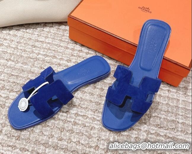 Low Cost Hermes Classic Oran Suede Flat Slide Sandals  0525167 Blue