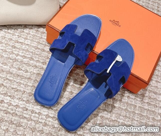 Low Cost Hermes Classic Oran Suede Flat Slide Sandals  0525167 Blue