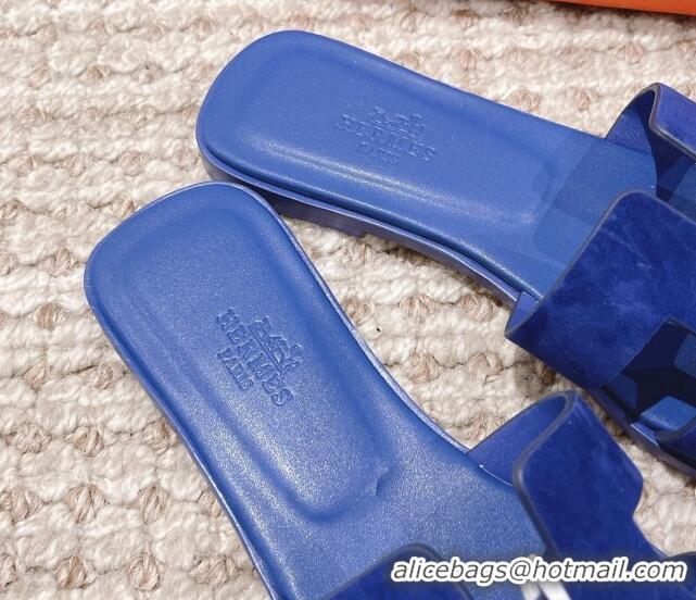 Low Cost Hermes Classic Oran Suede Flat Slide Sandals  0525167 Blue